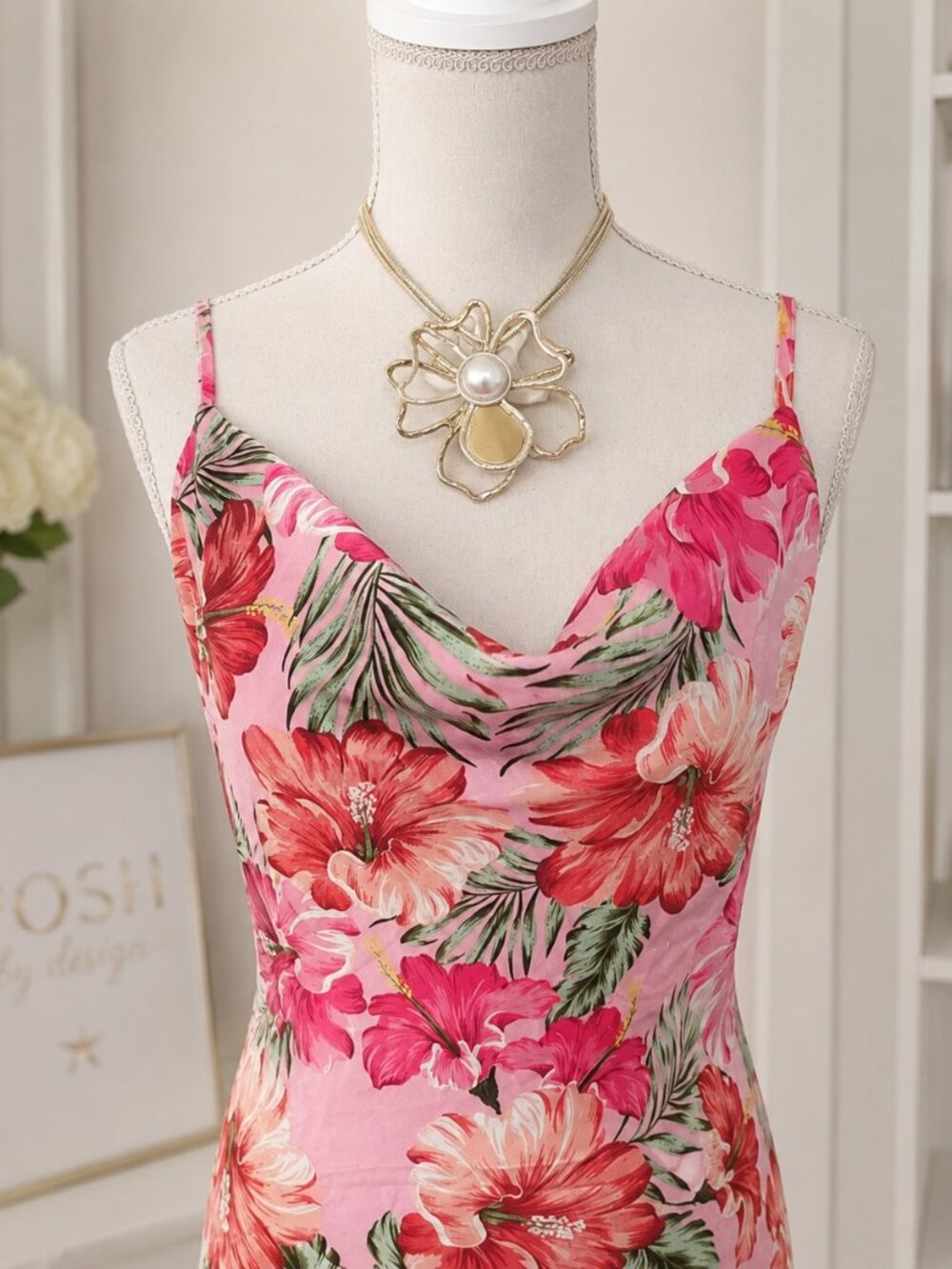 Floral Pink Slip Maxi Dress with Side Slit - Picture 3 of 7